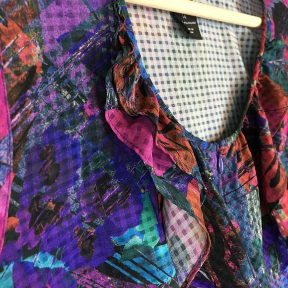 Lane Bryant Top 14 Blouse Floral Ruffle Scoop Neck Sleeveless Tan Career Casual - Picture 4 of 13